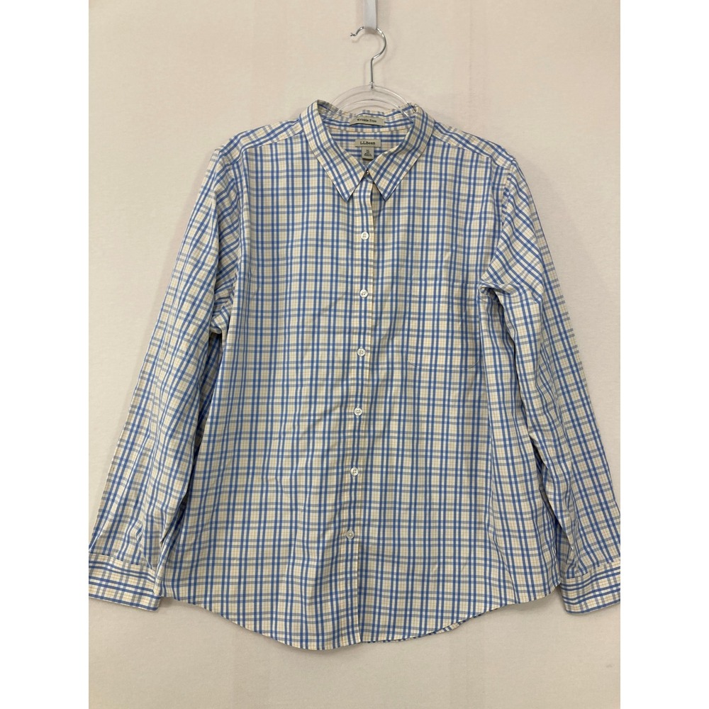 L.L.Bean‎ Button Down Shirt XL Blue Yellow Plaid Wrinkle Free Cotton Preppy